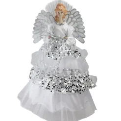 16" White And Silver Lighted Fiber Optic Angel Sequined Gown Christmas Tree Topper