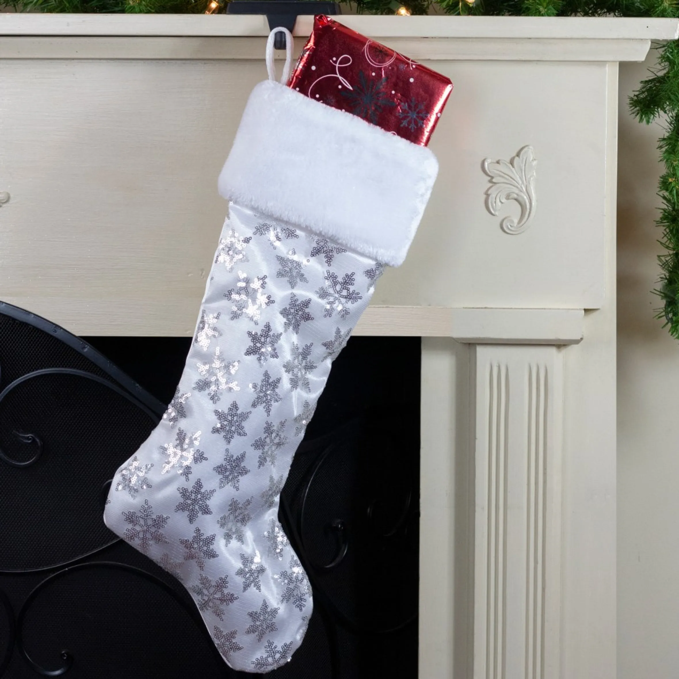 19 White And Silver Sequin Snowflake Christmas Stocking