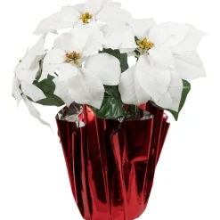14.5" White Artificial Christmas Poinsettia With Red Wrapped Base