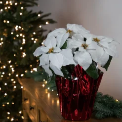 14.5" White Artificial Christmas Poinsettia With Red Wrapped Base