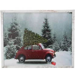 19" White Distressed Frame Red Vintage Vw Car Led Lighted Christmas Canvas