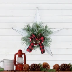 17" White 5 Point Christmas Star With Plaid Ribbon With Artificial Pine