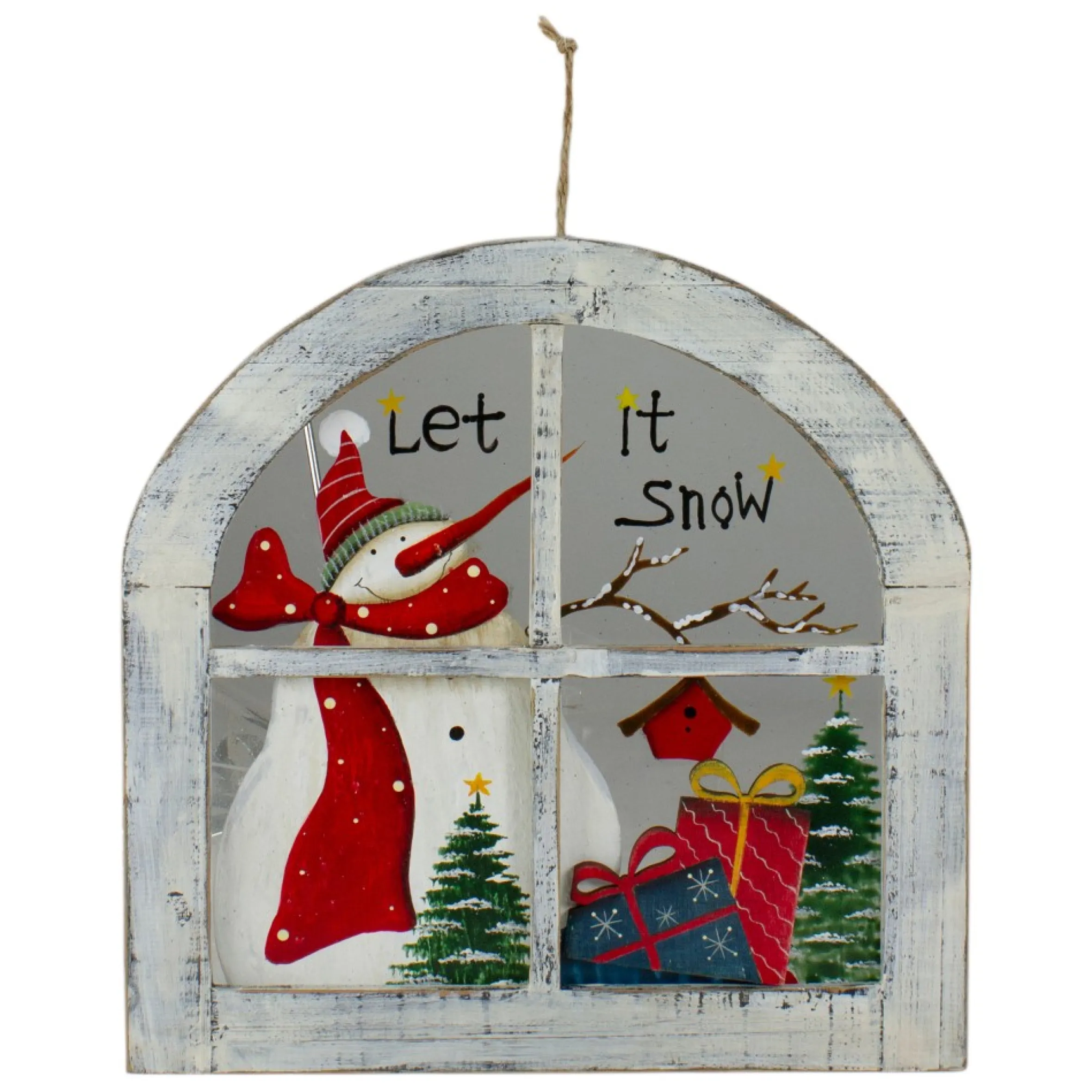 White Rustic "Let It Snow" Snowman Glass Window Scene Christmas Wall Decor