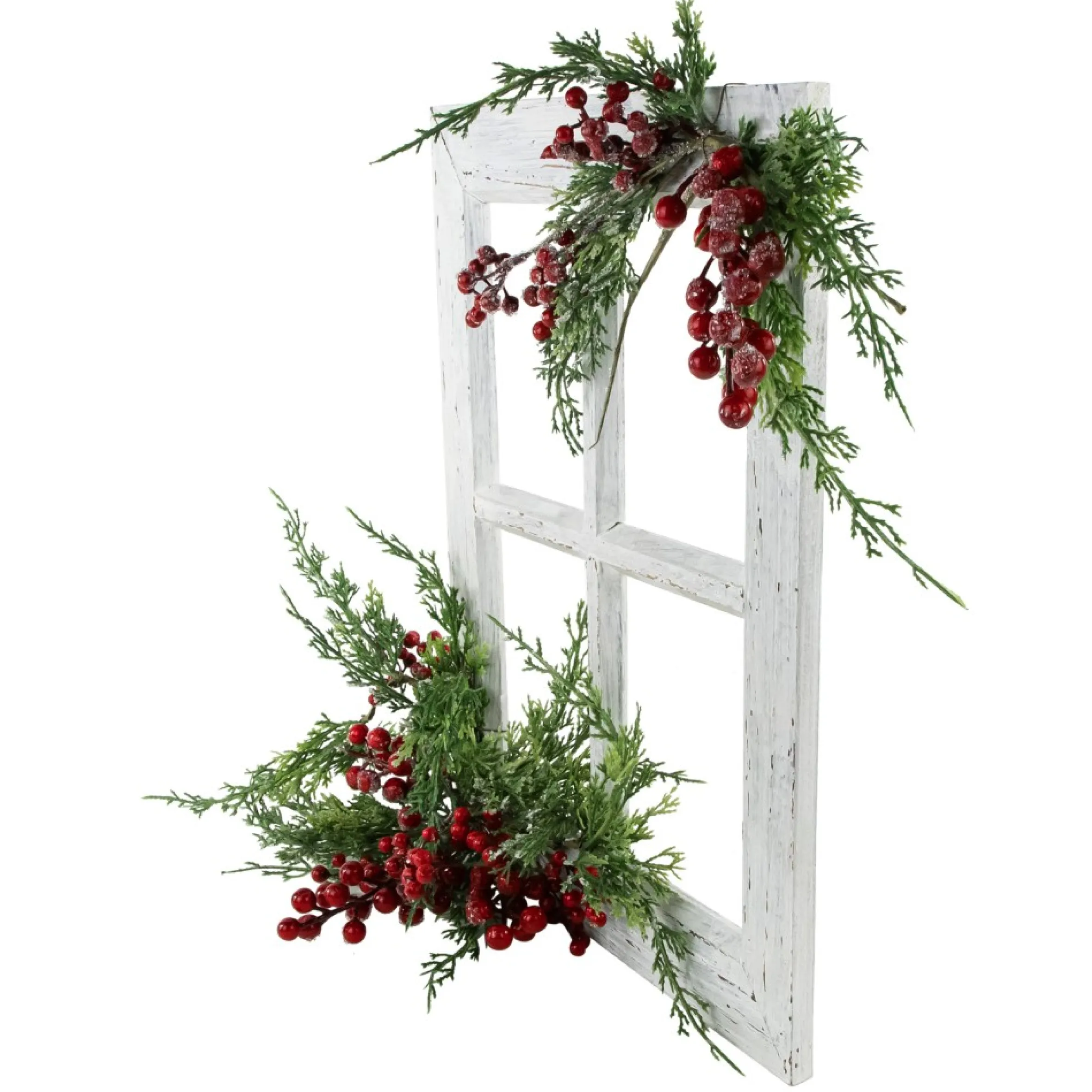 24" White Washed Window With Frosted Berries And Cedar Christmas Wall Decor
