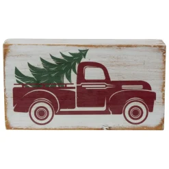 6" White Wooden Christmas Sign With Vintage Red Truck And Tree