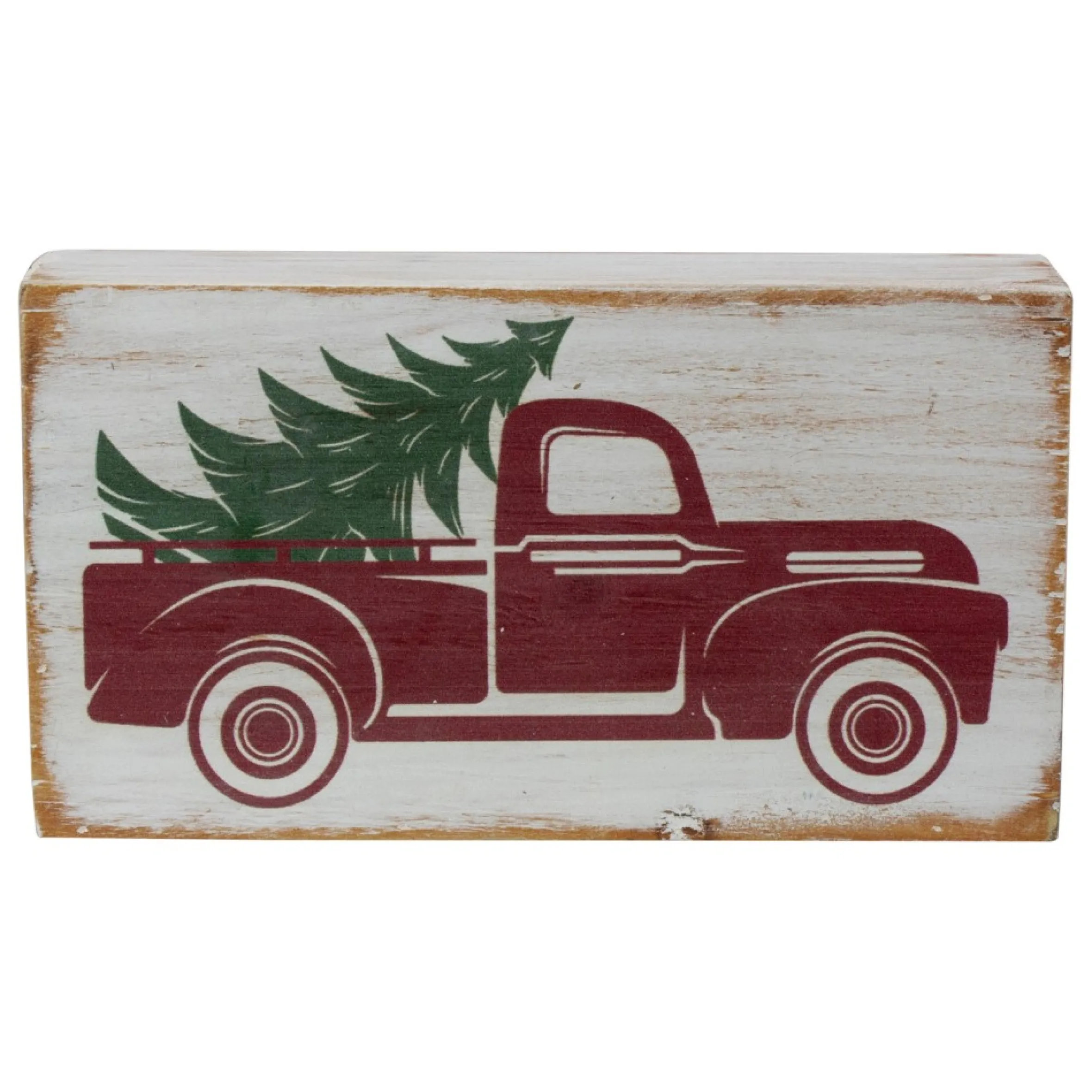 6" White Wooden Christmas Sign With Vintage Red Truck And Tree