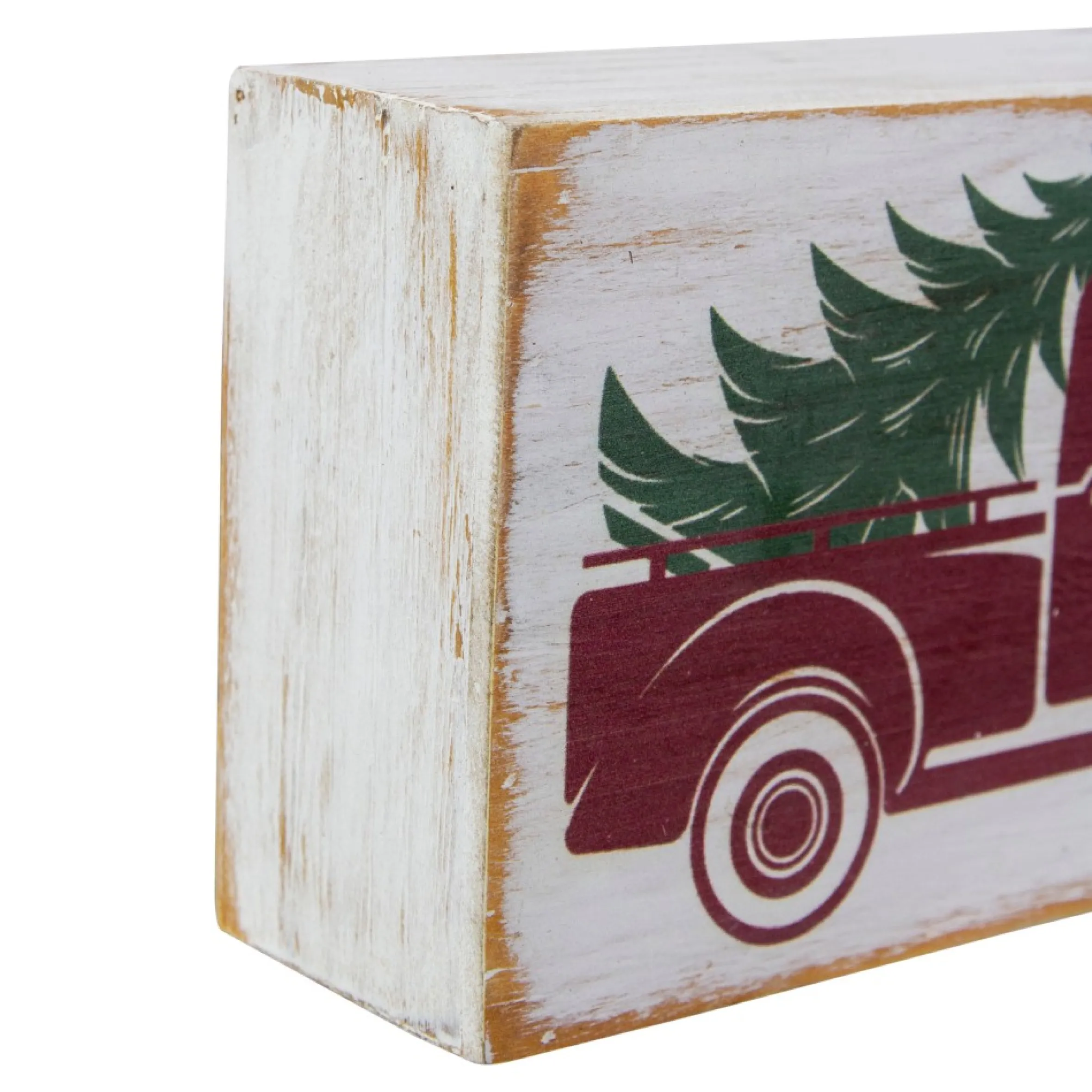 6" White Wooden Christmas Sign With Vintage Red Truck And Tree