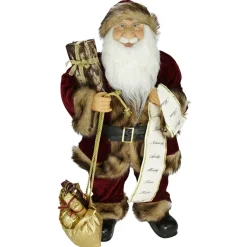 24" Wine Red And Brown Woodland Standing Santa Claus Christmas Figure With Name List