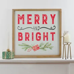 16" Wooden Framed "Merry And Bright" Metal Christmas Sign