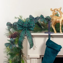 14" X 9" Black And Green Plaid 6 Loop Christmas Bow Decoration