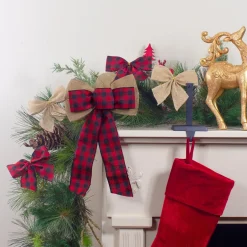 14" X 9" Burlap And Buffalo Plaid 6 Loop Christmas Bow Decoration