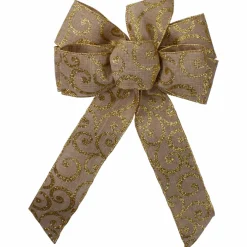 14" X 9" Burlap And Gold Scroll 6 Loop Christmas Bow Decoration