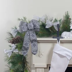14" X 9" Gray And White Snowflake 6 Loop Christmas Bow Decoration