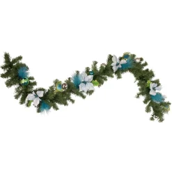 6' X 9" Peacock Feather And Poinsettia Artificial Christmas Garland, Unlit