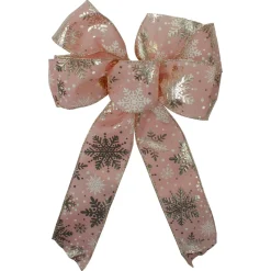14" X 9" Pink And Gold Snowflake 6 Loop Christmas Bow Decoration