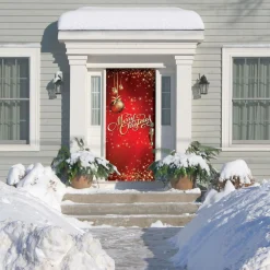 80" X 36" Red And Gold Ornaments Merry Christmas Front Door Banner Mural Sign Decoration