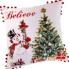 16" X 16" Red, Green, And White Fabric Believe Snowman Christmas Tree Pillow