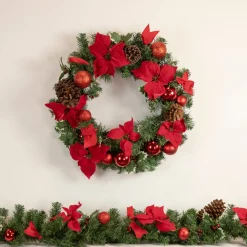 6' X 9" Red Pre-Decorated Poinsettia And Pine Cone Artificial Christmas Garland - Unlit
