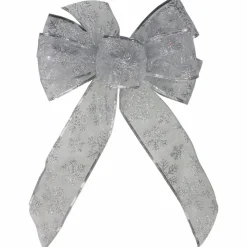 14" X 9" Sheer Silver Snowflake 6 Loop Christmas Bow Decoration
